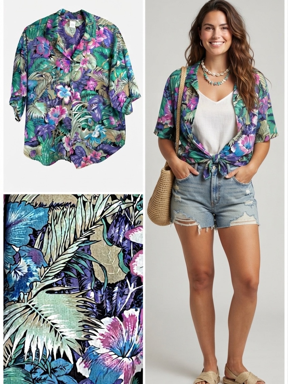 Womens Vintage Hawaiian XXL Floral Shorts Sleeve Boxy Button Up 80s Camp Shirt